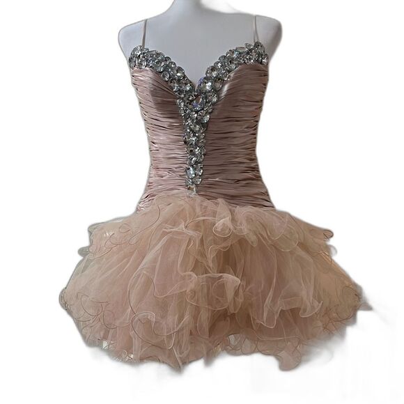 Sherri Hill Beaded Tulle Mini Dress Nude Taupe Rhinestone Corset Size 8 Glam - Picture 4 of 16